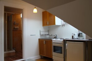 Appartement, 1 slaapkamer, privébadkamer | Badkamer | Een douche, gratis toiletartikelen, een haardroger, handdoeken