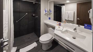 Shower, free toiletries, hair dryer, towels