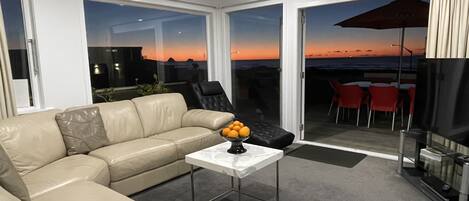 Smart TV, fireplace, DVD player, stereo