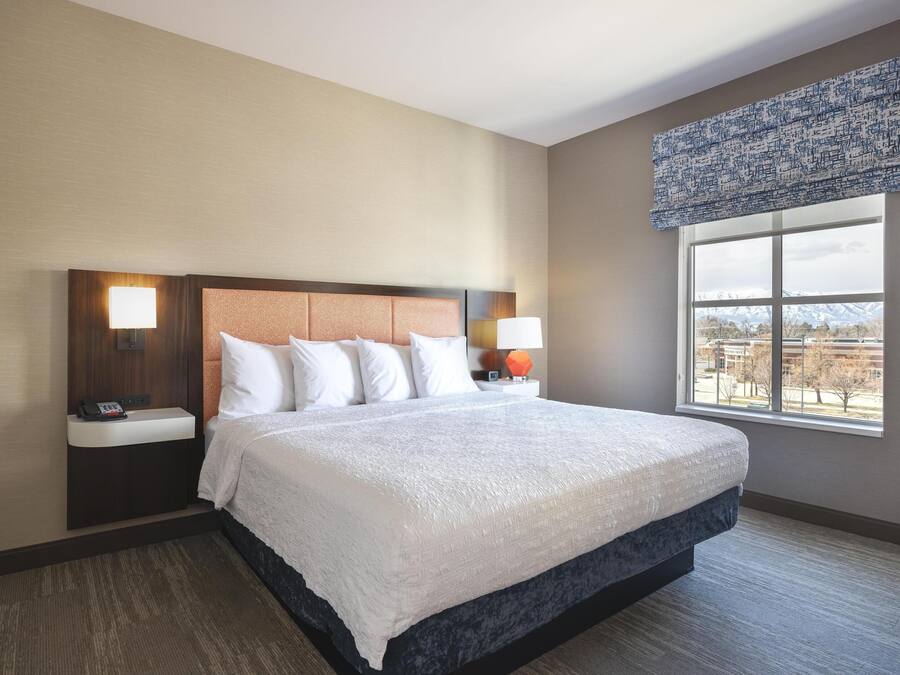 A hotel room with a large bed, two bedside tables with lamps, a headboard, and a window with a view of buildings and mountains.