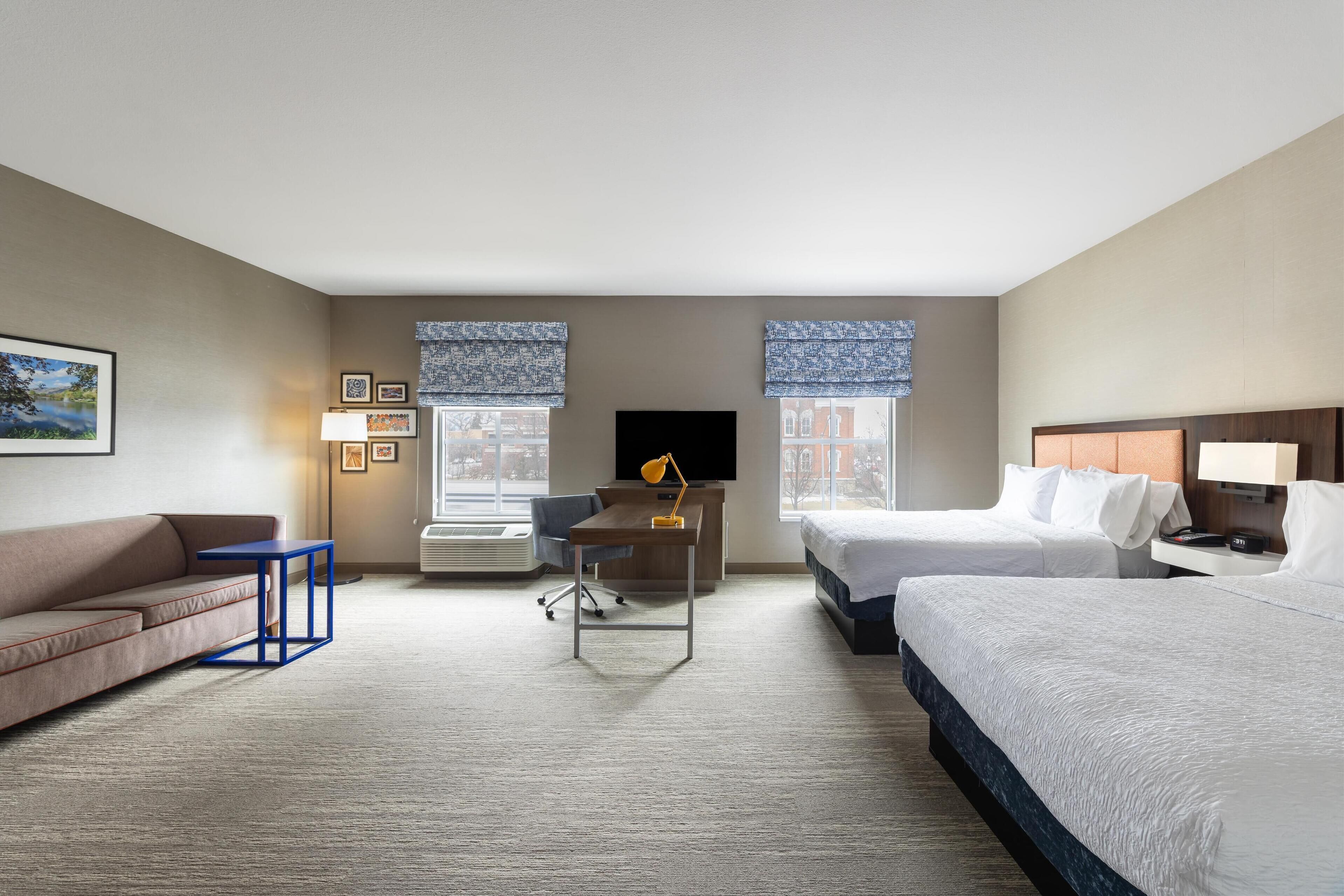 studio, 2 queen beds, refrigerator & microwave (wet bar) | desk, laptop workspace, blackout curtains, iron/ironing board