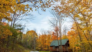 Een chalet omgeven door herfstkleuren, met een grindpad er naartoe.