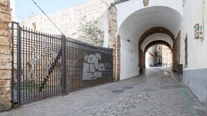 Eine enge Kopfsteinpflasterstraße mit einem Metallgitter und einem Rundbogenportal, das zu einem Gebäude führt.