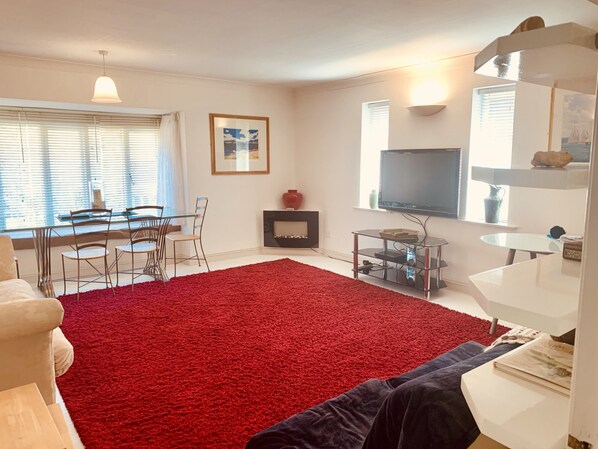 Älytelevisio, takka, DVD-soitin, leluja