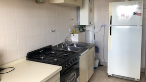 Keittiössä on kaasuliesi, pesuallas ja valkoinen jääkaappi.