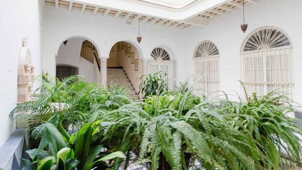 A white building with arched doorways and a staircase leading to an upper level. - Duplex de la Botanica - Cadiz (Cádiz)