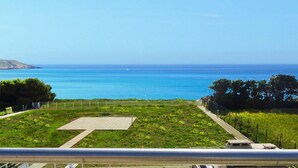 Une vue sur la côte, avec une zone pavée et de la végétation, donnant sur la mer.