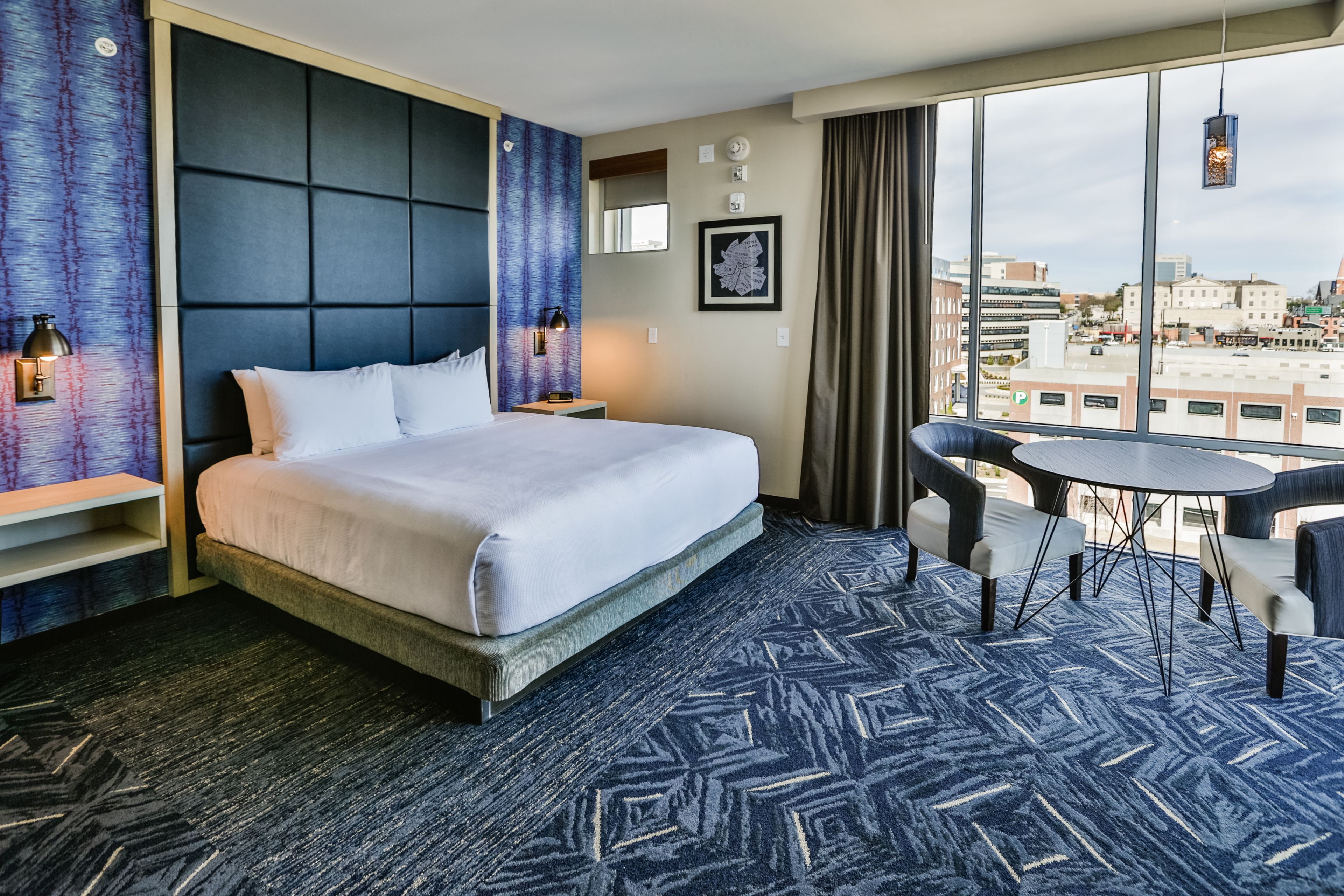 desk, laptop workspace, blackout curtains, iron/ironing board