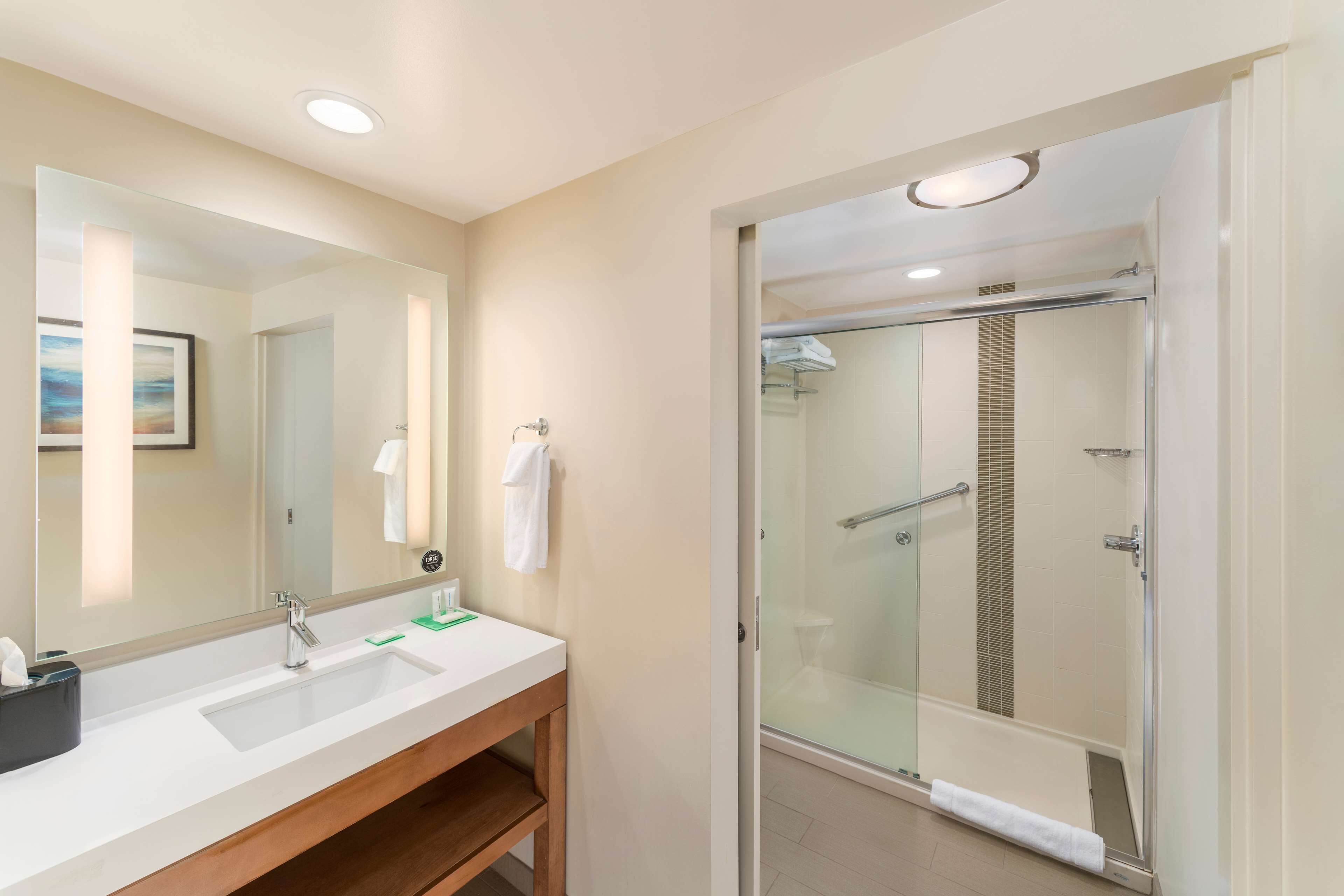 A modern bathroom with a large mirror, two sinks, and a glass-enclosed shower.