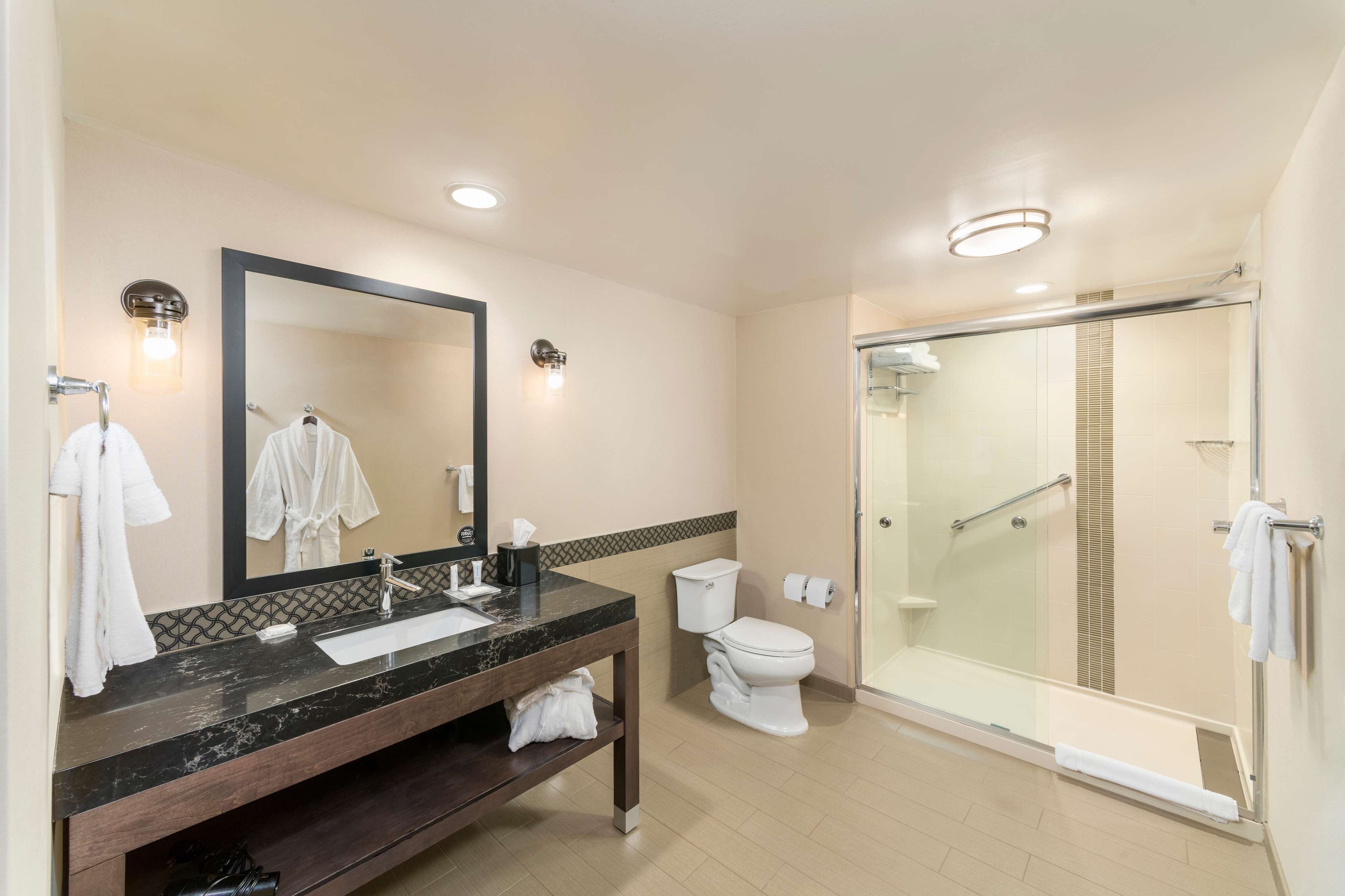 A modern bathroom with a marble sink, a large mirror, a toilet, and a glass-enclosed shower.