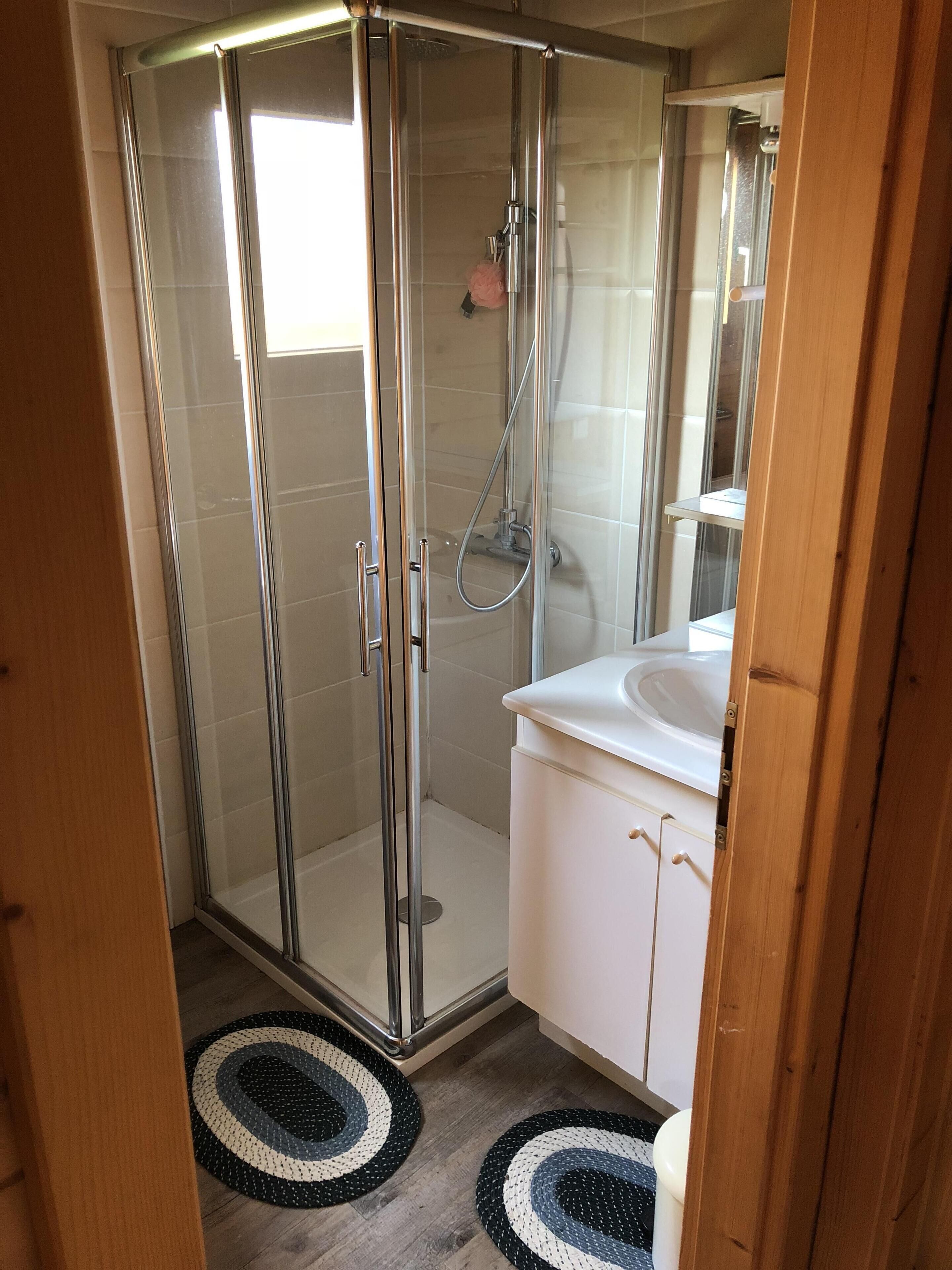 Une douche fermée par des parois en verre, dotée d’un pommeau de douche à main, d’un lavabo blanc et d’un miroir placé au-dessus.