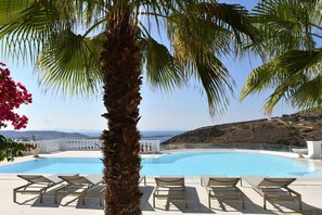 A pool area with lounge chairs, a palm tree, and a view of the sea. - Aelya (Paros)