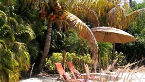 Un espace extérieur de style tropical, agrémenté de palmiers, de chaises longues et d’un grand parasol offrant de l’ombre.