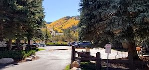 Un estacionamiento cerrado con varias coches, rodeado de árboles y una montaña al fondo.