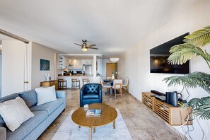 TV, DVD player, books, stereo