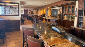 Un grand espace bar avec des sièges, un comptoir et une vue sur l’ensemble du bar.