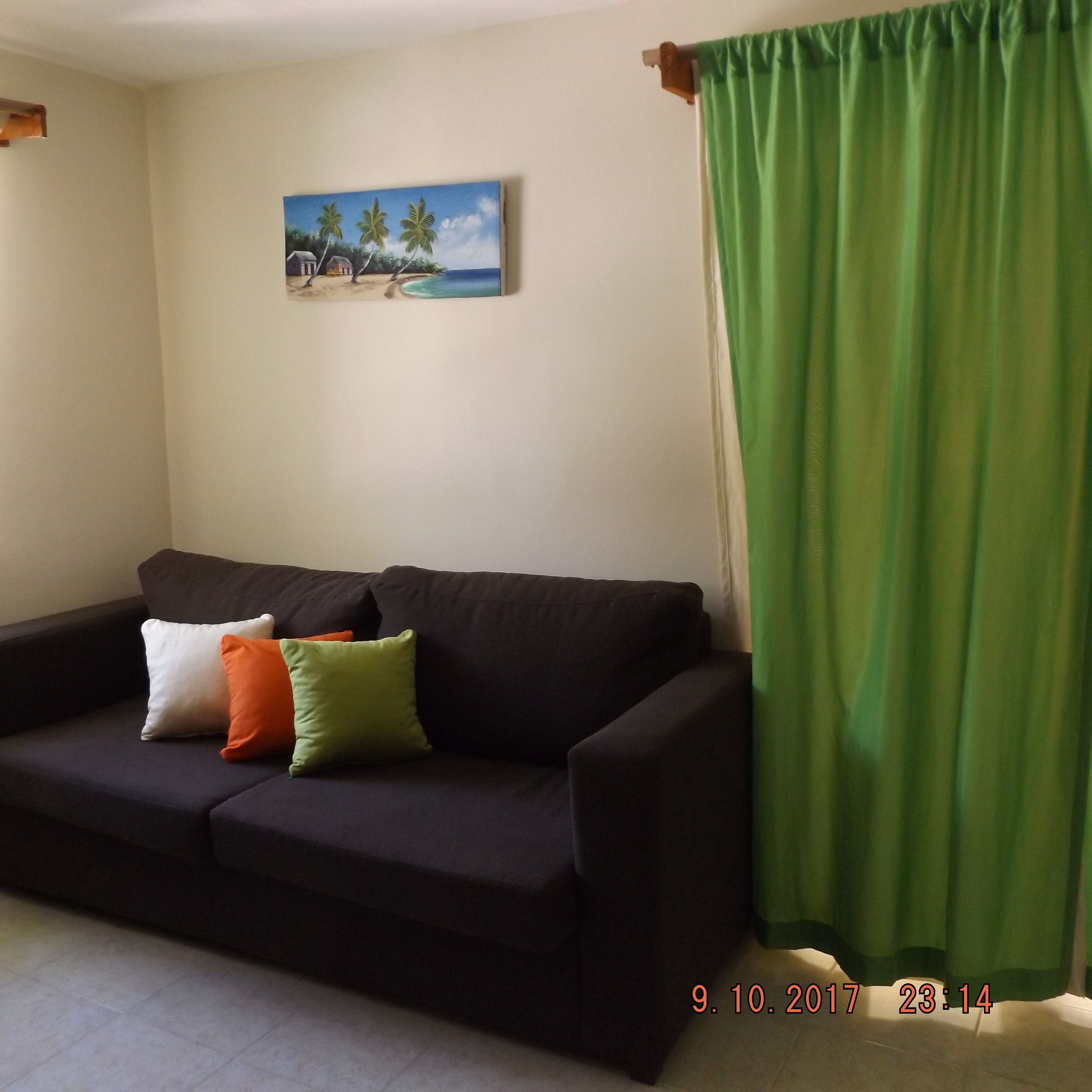 A dark-colored sofa with three pillows in a room with a green curtain and a painting of a beach scene on the wall.