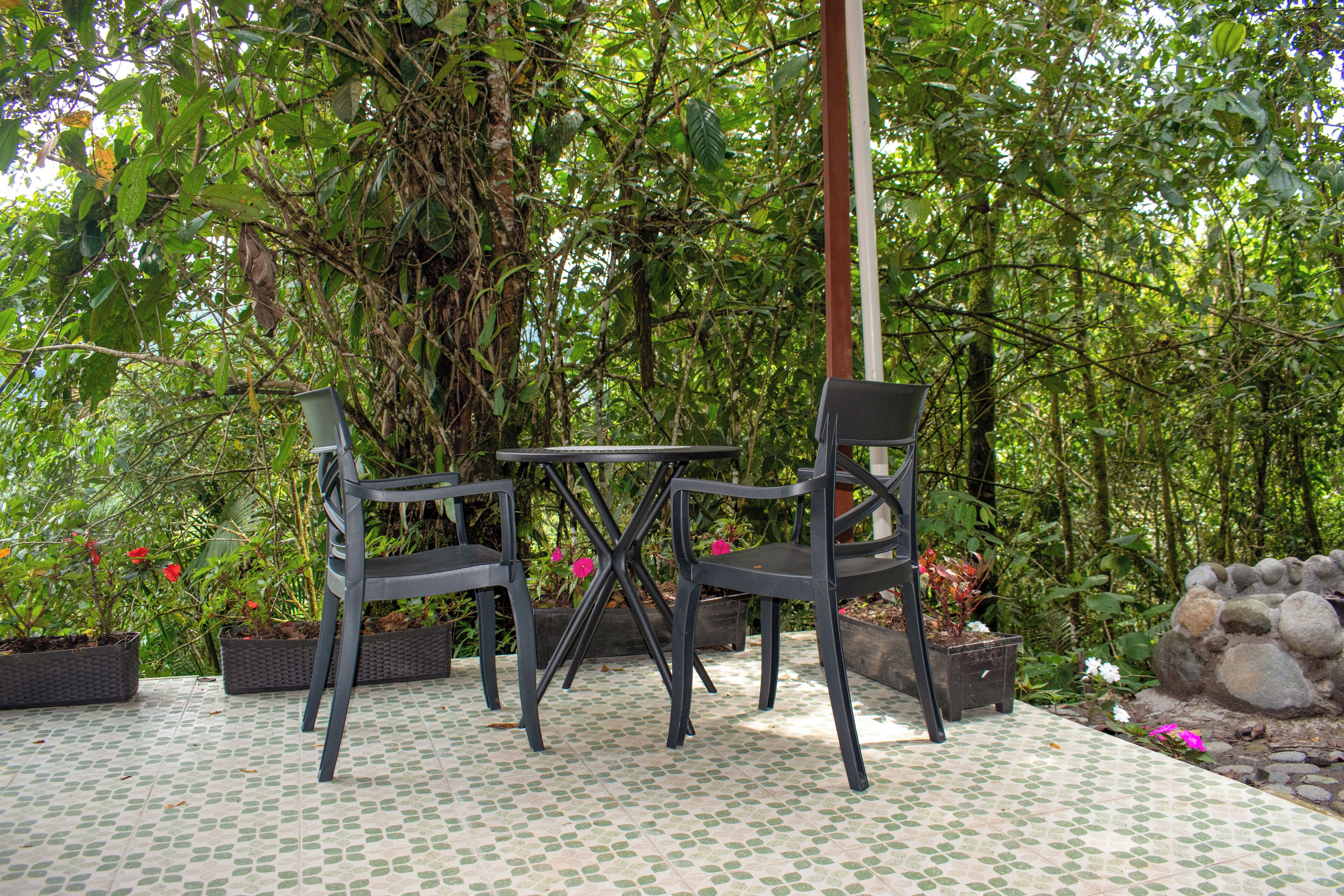 Un patio al aire libre con una mesa y sillas, rodeado de plantas en macetas y un muro de piedra.