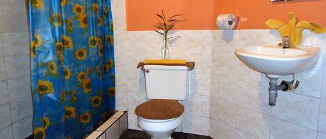 Een badkamer met toilet, wastafel en douchegordijn.