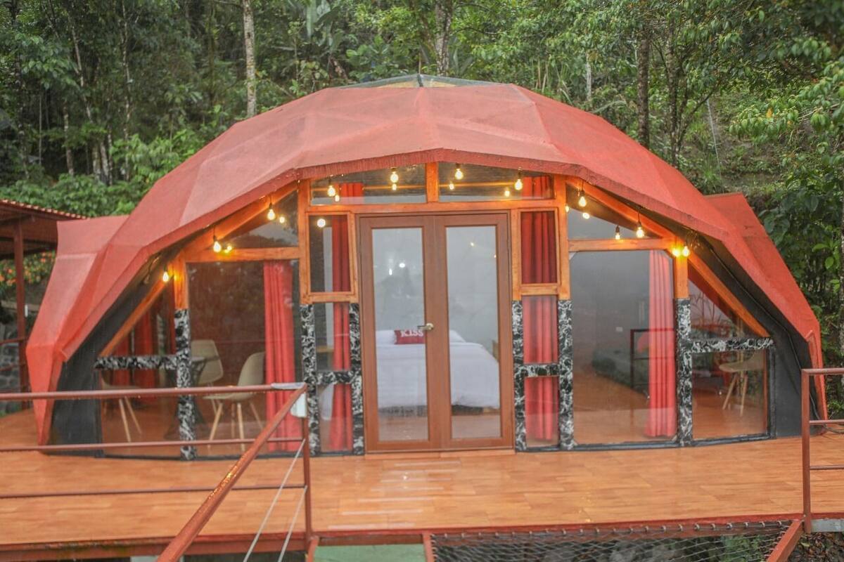 A dome-shaped structure with a wooden deck, large glass windows, and a bed visible inside.