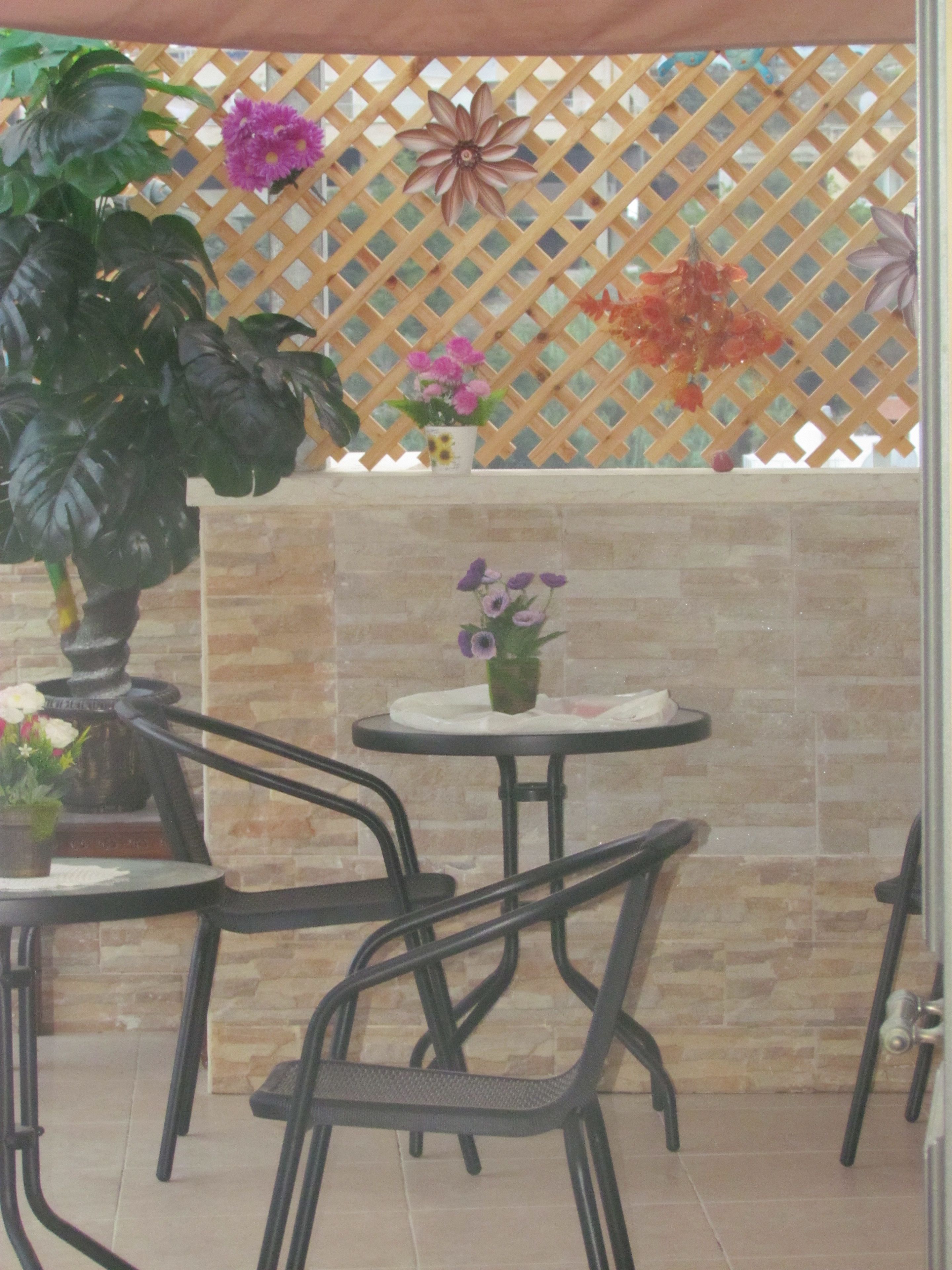 Un espace patio aménagé avec une table et des chaises, un pot de fleurs et une clôture décorative ornée de fleurs.