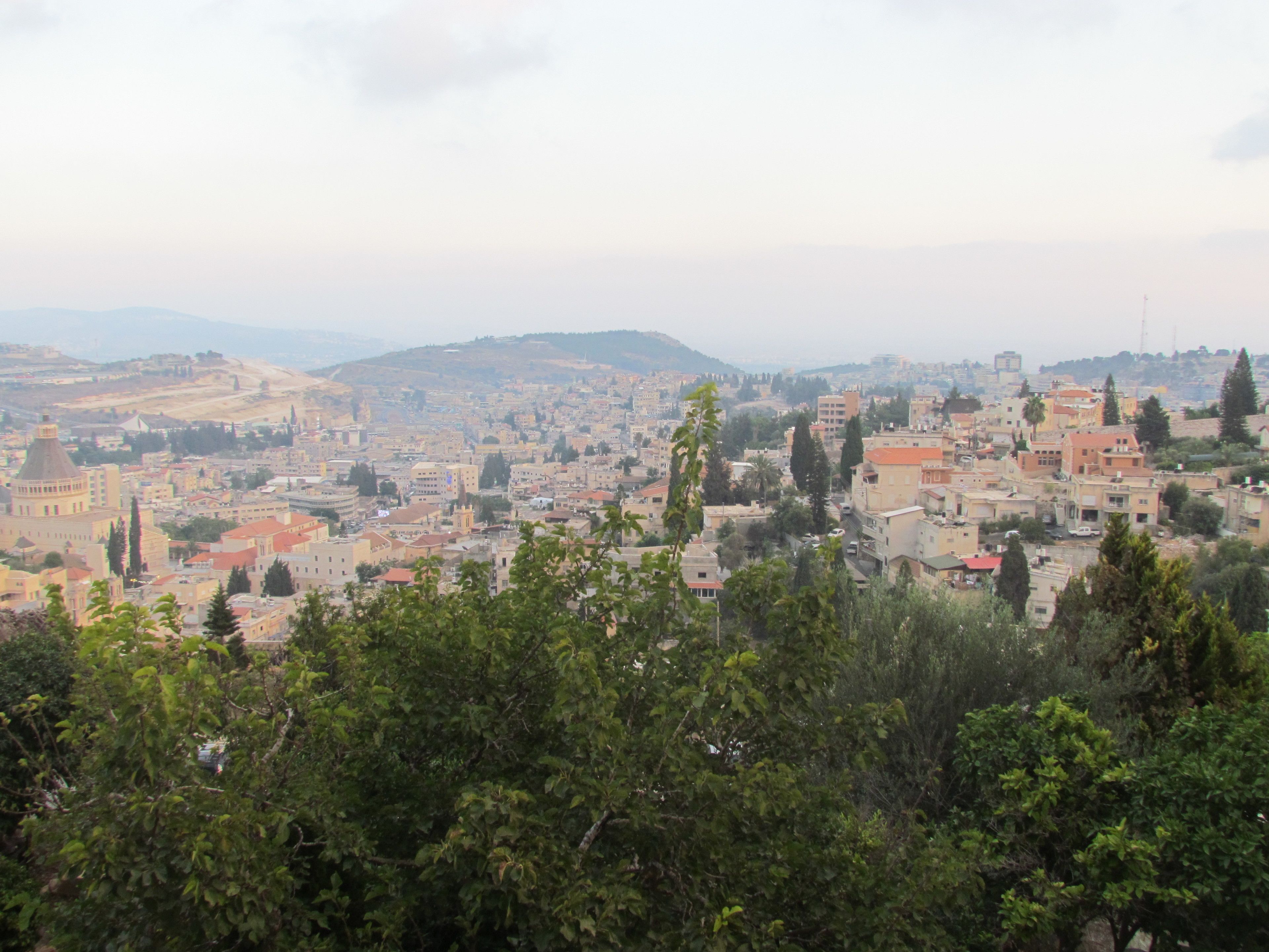 A cityscape with a prominent historical building, dense urban area, and surrounding greenery.