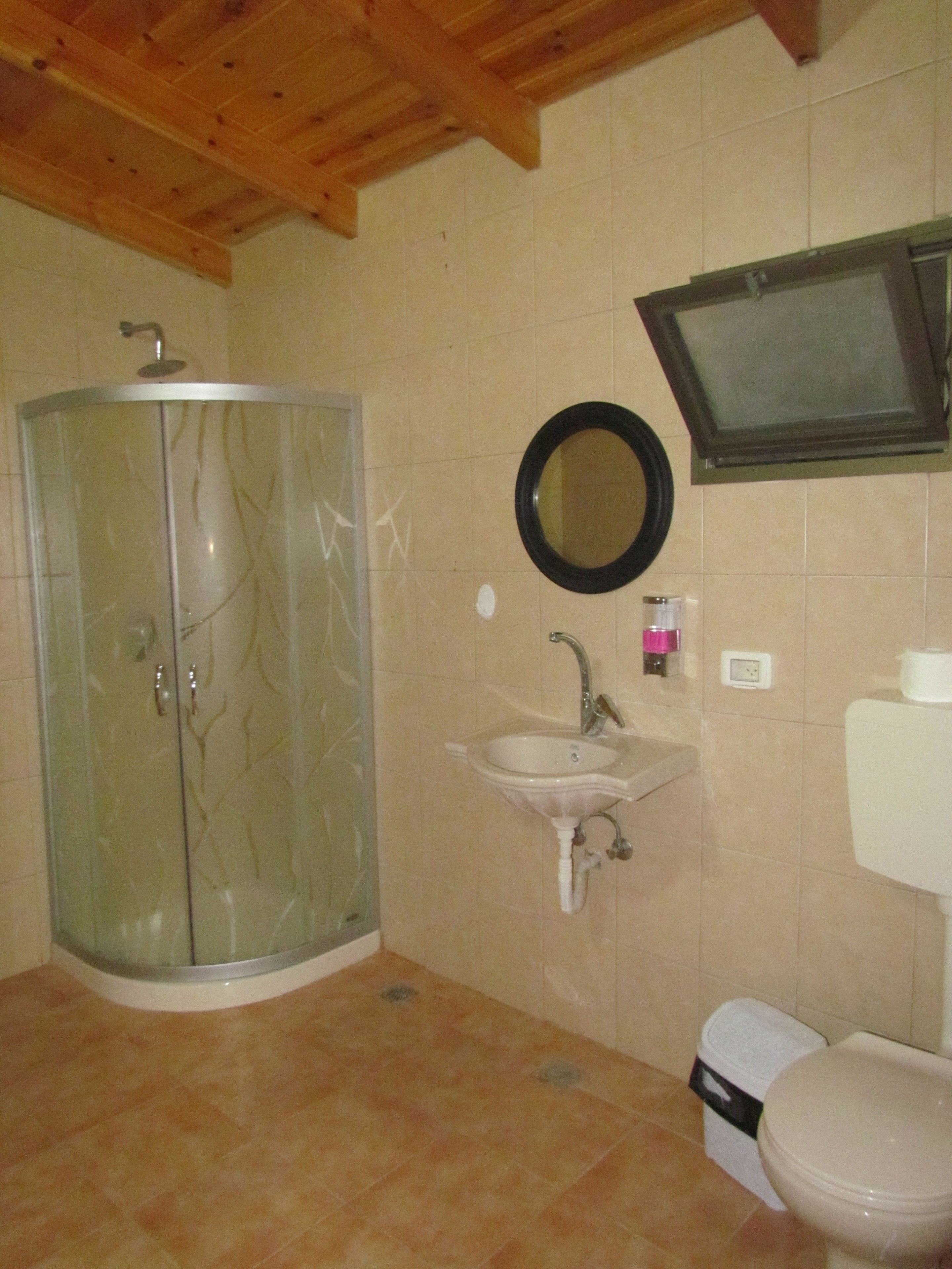 Un baño con cabina de ducha de vidrio, un lavabo, un espejo y un inodoro.