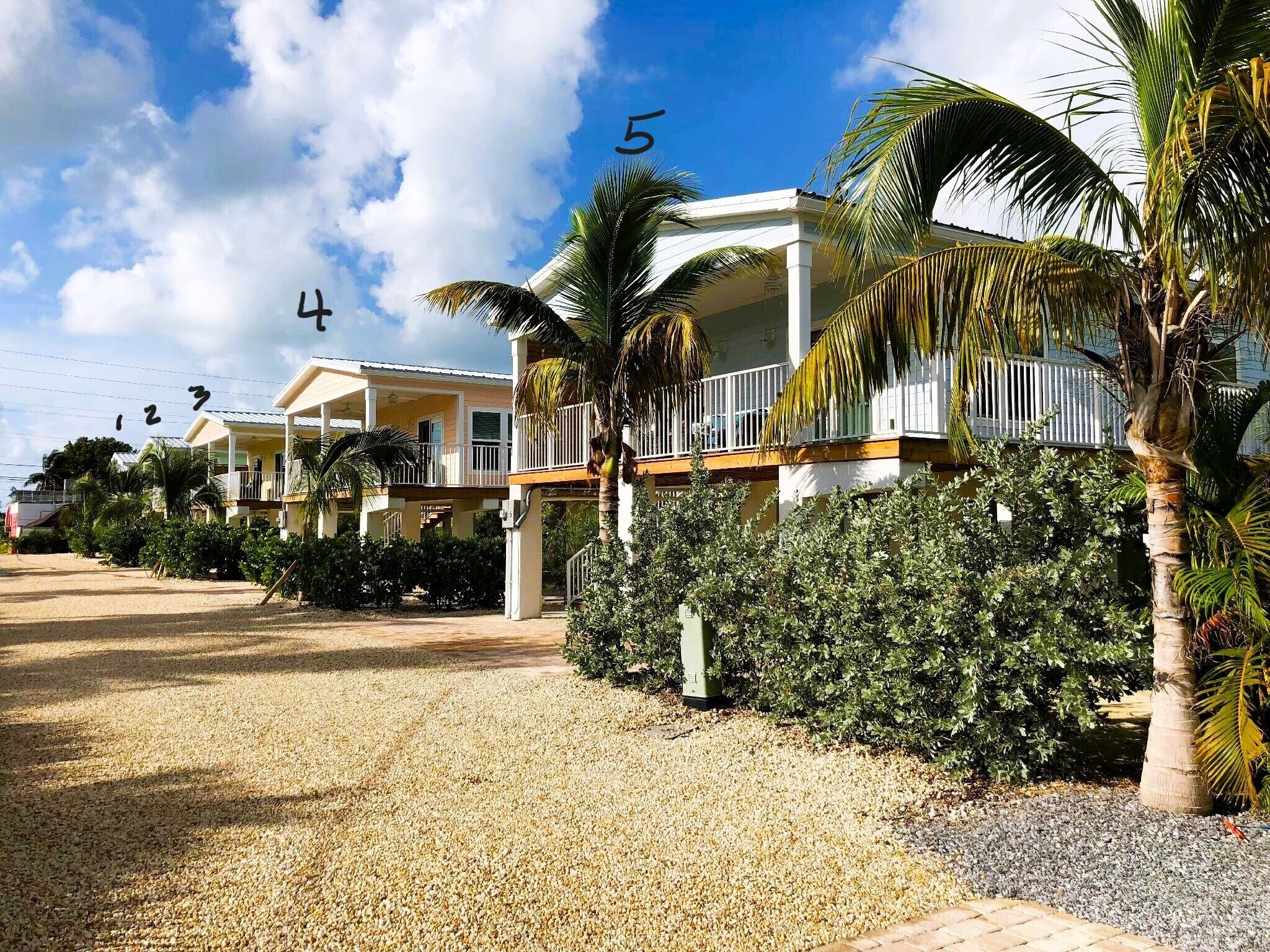 A beachfront hotel with multiple-story buildings, palm trees, and a gravel pathway.