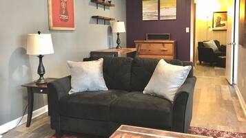 Smart TV, fireplace, books