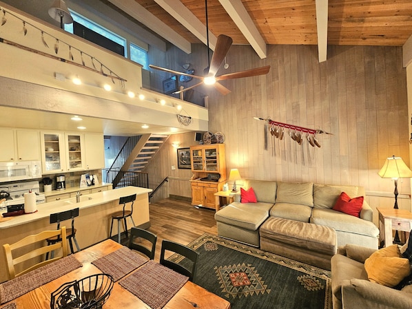 Smart TV, fireplace, books