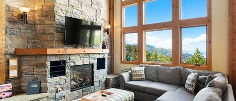 Smart TV, fireplace, books