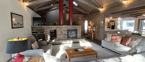 TV, fireplace, books