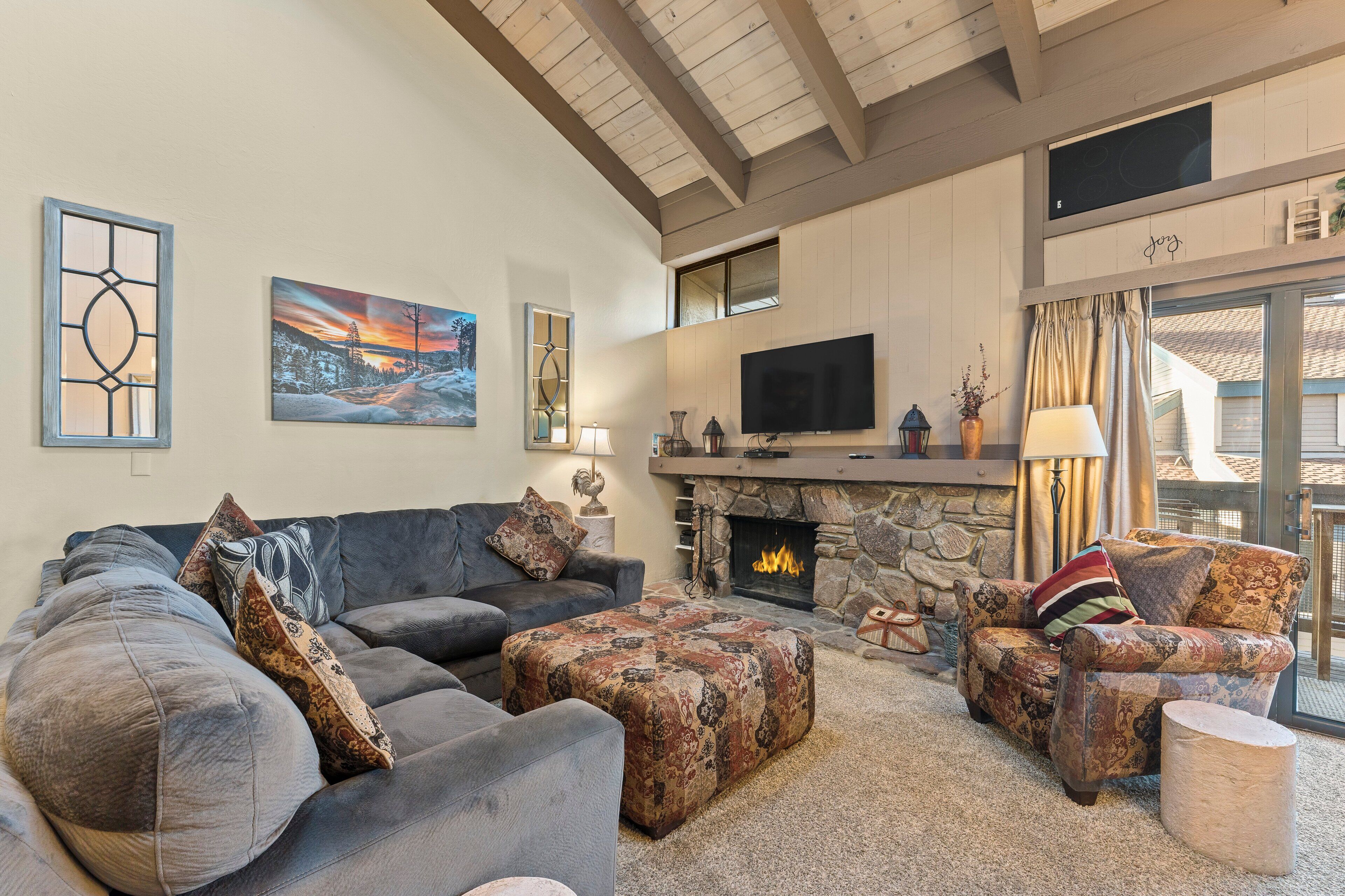 TV, fireplace, books