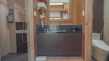 Shower, hair dryer, slippers, bidet