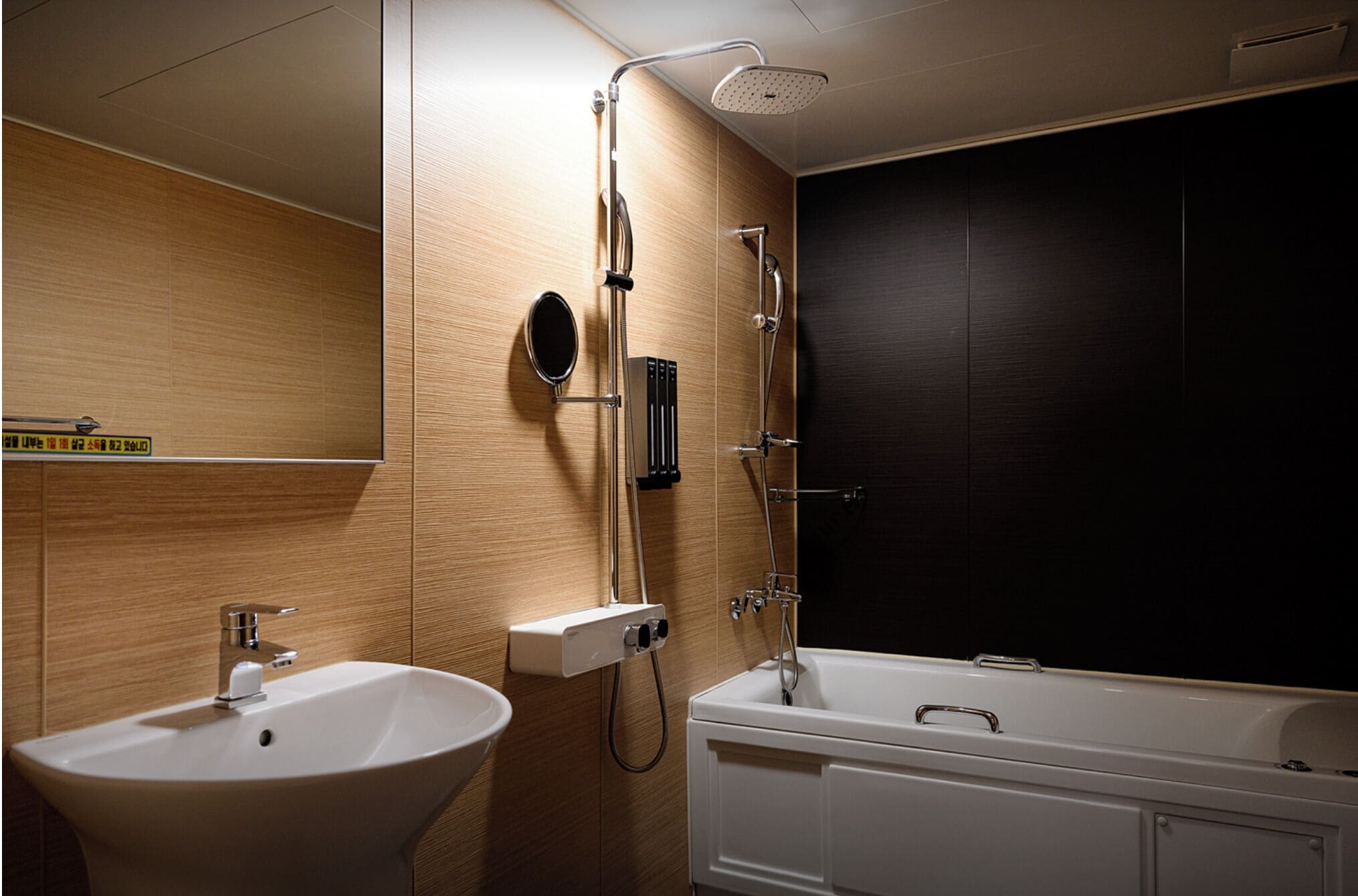 A modern bathroom with a sink, mirror, shower, and bathtub.