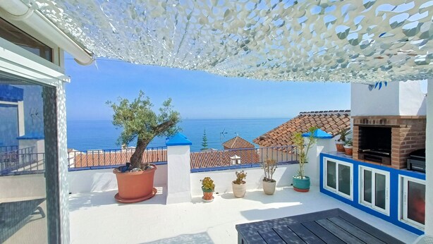 Un balcón con vistas al mar, plantas en macetas y una zona de barbacoa.