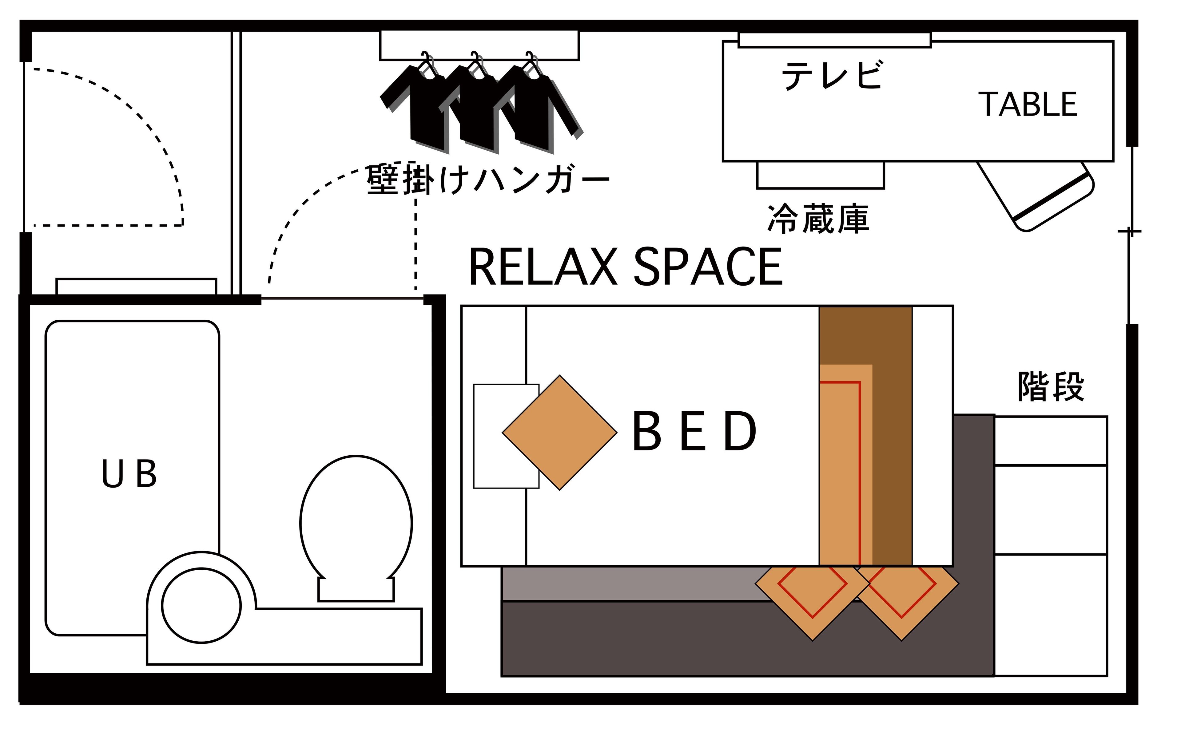 A room layout with a bed, a TV, a table, and a relaxation space.