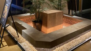 Un hall d’entrée moderne avec une fontaine centrale, entouré de plantes en pot et doté d’un sol carrelé.