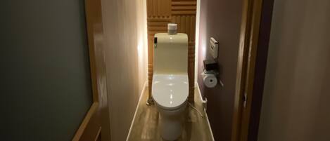 Un estrecho pasillo que conduce a un baño con inodoro, paneles de madera en las paredes y una lámpara en el techo.