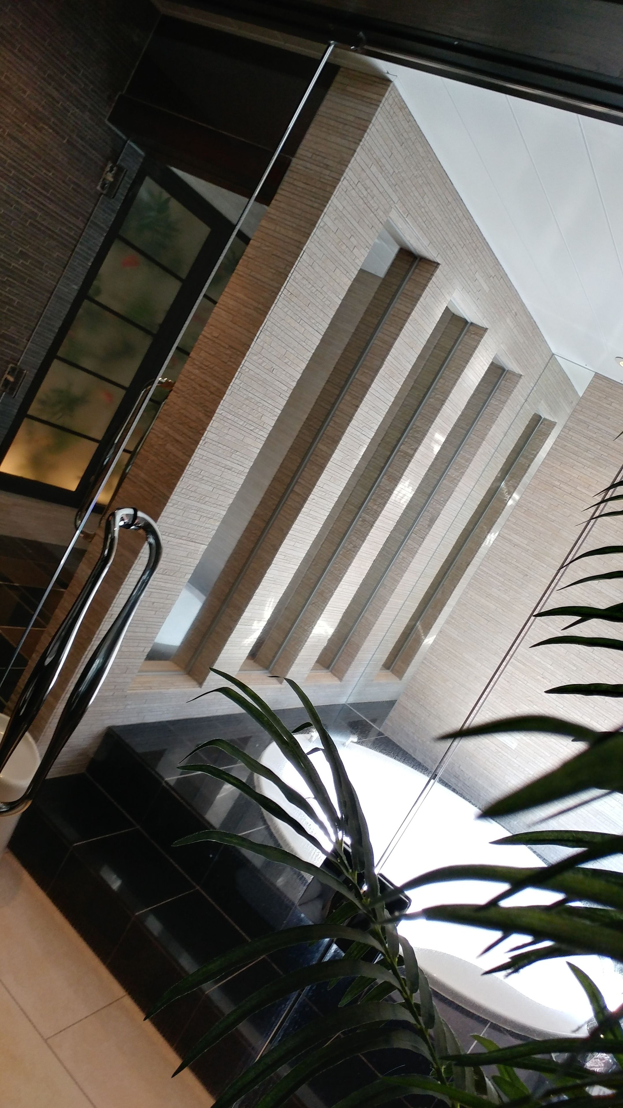 A modern interior with a staircase, a potted plant, and a view of a building outside.