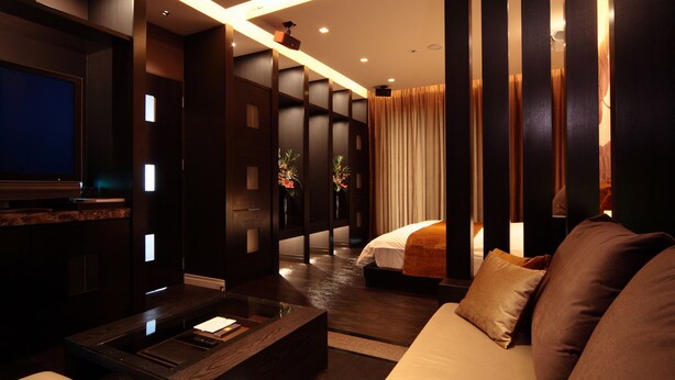 Une chambre d’hôtel moderne avec un parquet en bois foncé, un canapé, une table basse, un téléviseur et un lit recouvert d’une couette blanche.