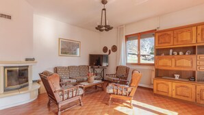 Una sala de estar con chimenea, muebles de madera, televisor y un ventanal con vistas al exterior.