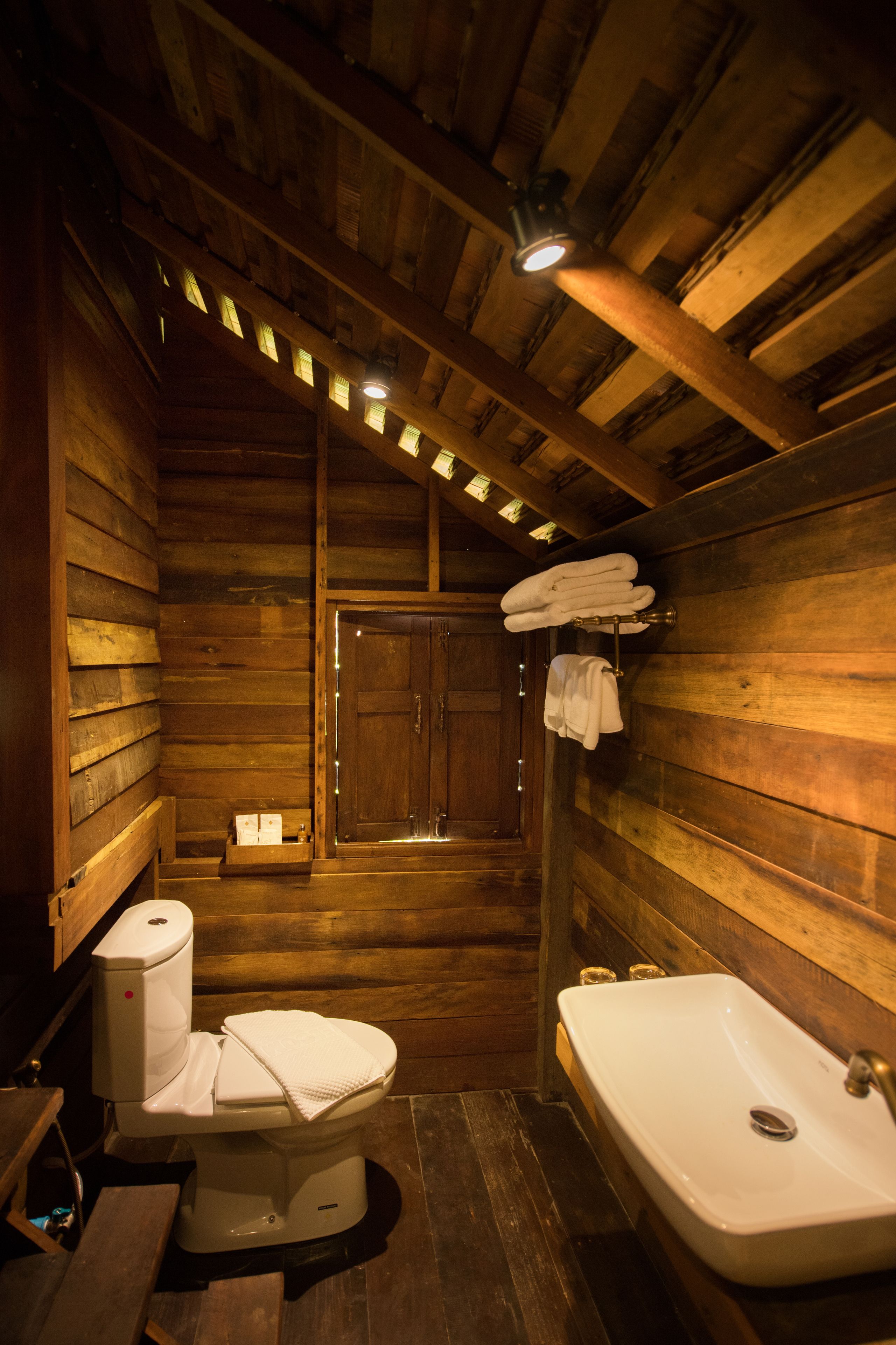 Un baño de cabaña de madera con inodoro, lavabo y ducha.