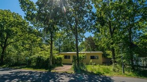 A yellow house with a fenced yard, surrounded by trees and a paved road.