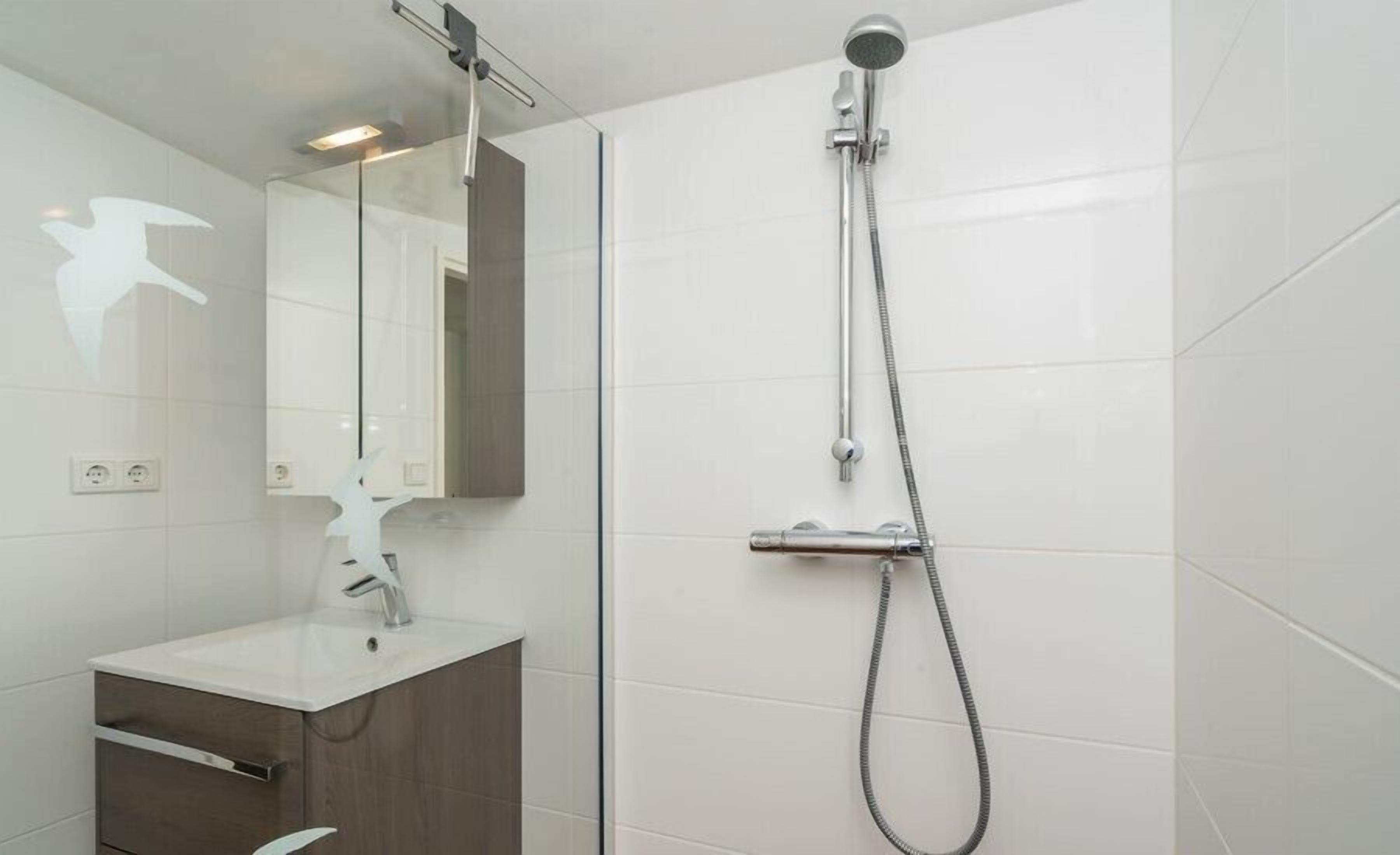 Une salle de bain moderne avec une douche, un lavabo et un miroir.