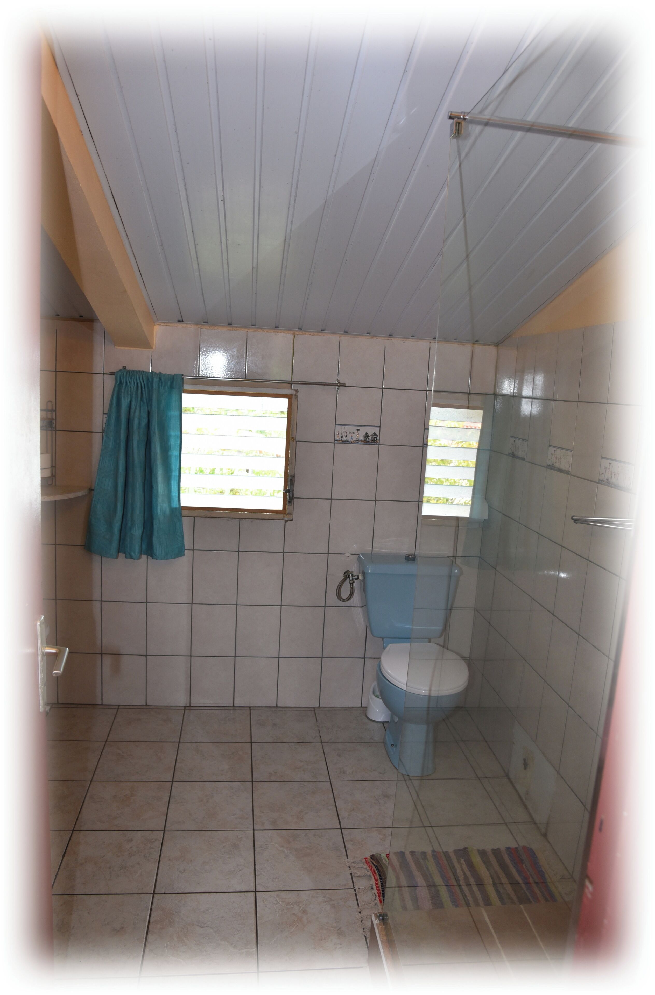 A small bathroom with a toilet, a shower, and a window with curtains.