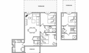 Un plan d’étage d’un hôtel comprenant deux terrasses, un porche et un espace cuisine.