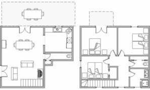 A floor plan of a hotel room with a kitchenette, a dining area, a bathroom, and a shower.