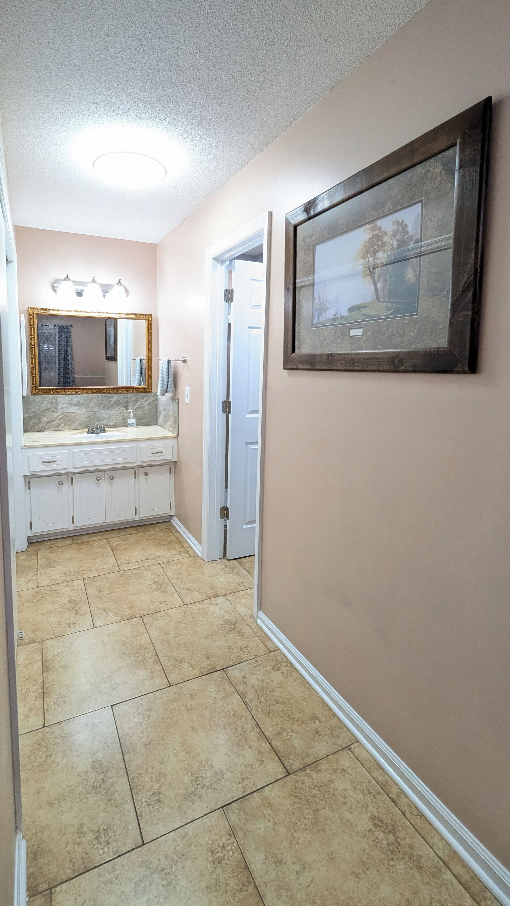 Un couloir donnant sur une salle de bain équipée d’un meuble-lavabo, d’un miroir et d’un évier.
