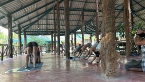 Een overdekt buitengebied met houten balken en een metalen dak, waar een groep mensen op matten yoga doet.